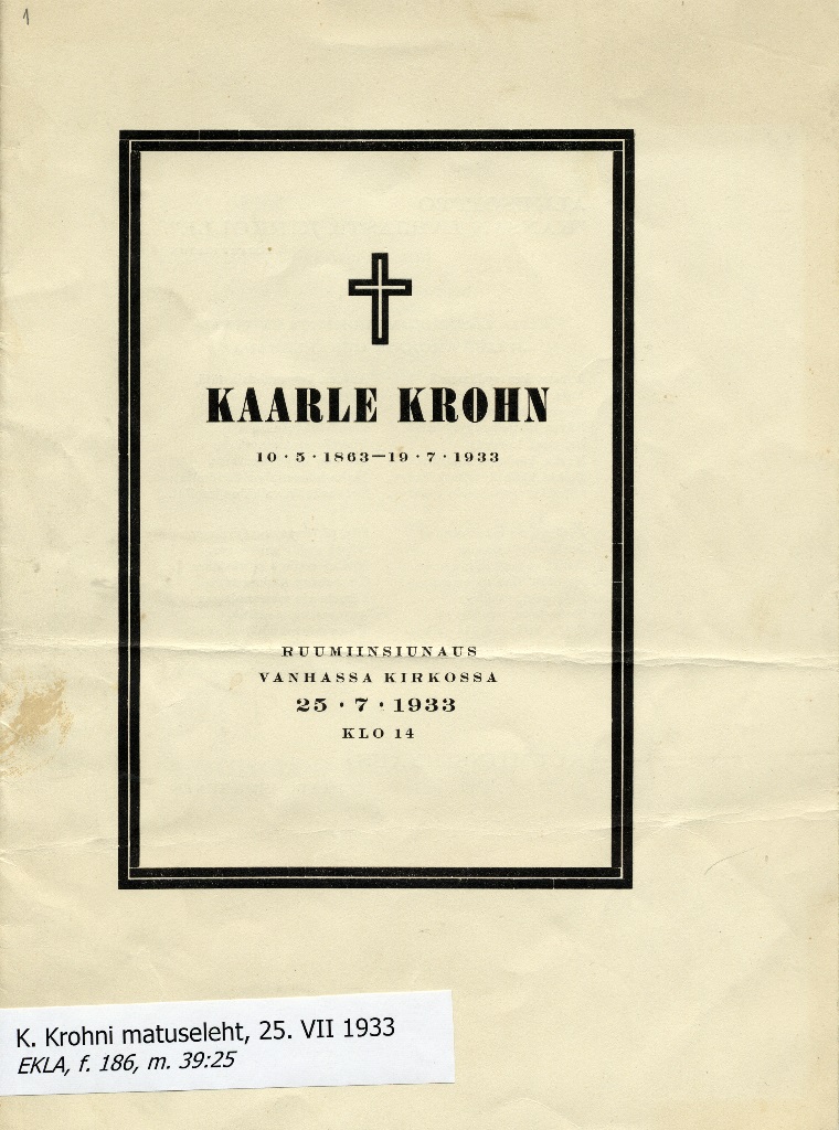 K. Krohni matuseleht, 25. VII 1933. - EKLA,f 186, m. 39:25