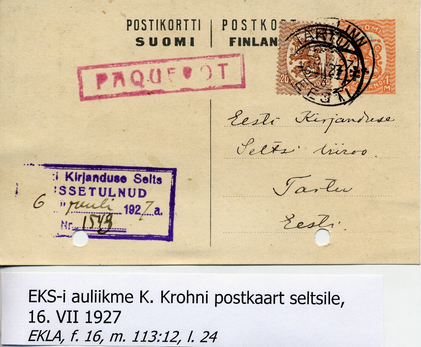 EKS-i auliikme K. Krohni postkaart seltsile, 16. VII 1927. -EKLA,f. 16, m. 113:12, l. 24