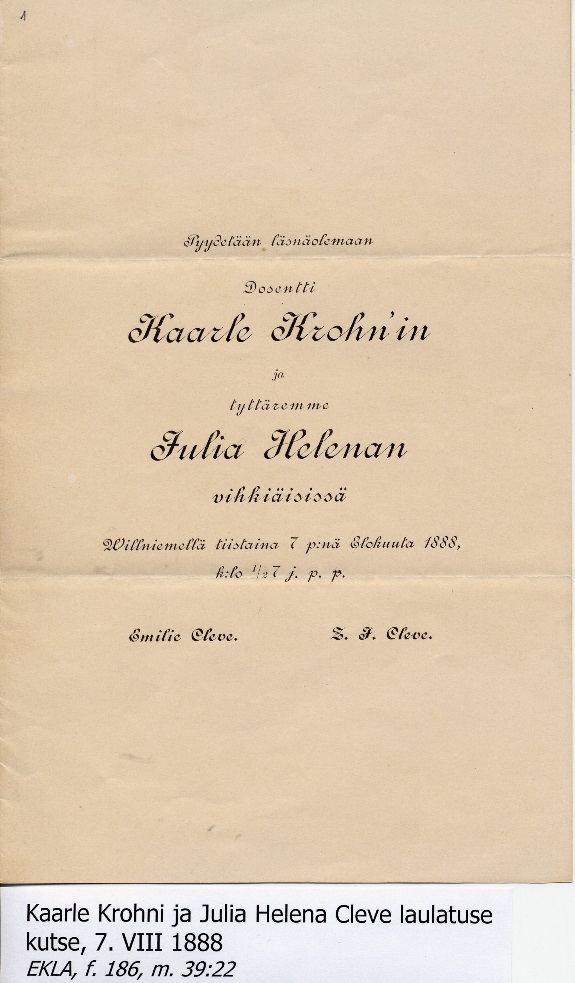 Kaarle Krohni ja Julia Helena Cleve laulatuse kutse, 7. VIII 1888. - EKLA,f 186, m. 39:22