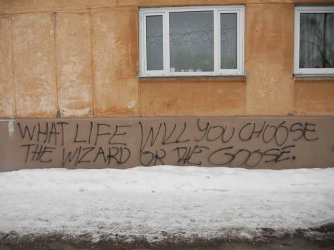 Inglise keelne graffiti kollasels seinal tekstiga "What life will you choose the wizard or the goose?".