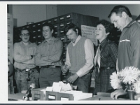 29. august 1989  Rahvaluule Arhiivis? Peter Panov, Urmas Oras, Paul Hagu, Marju Kõivupuu?, ? Foto: Pertti Virtaranta